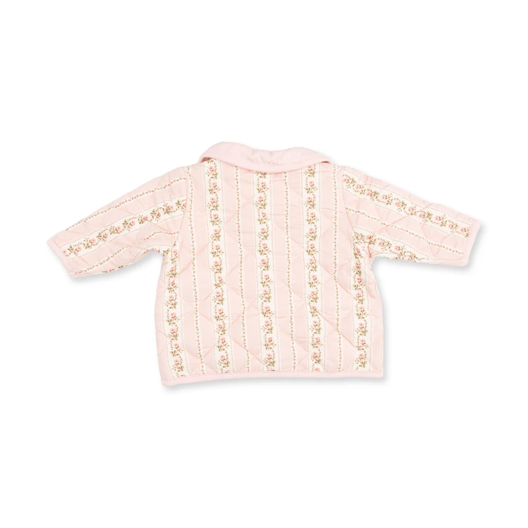 A light pink quilted doll jacket with vertical gold embroidered stripes and matching gold embroidery on the cuffs, shown against a plain white background.