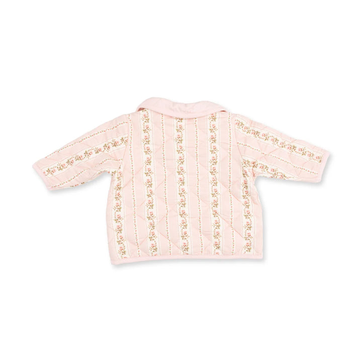 A light pink quilted doll jacket with vertical gold embroidered stripes and matching gold embroidery on the cuffs, shown against a plain white background.
