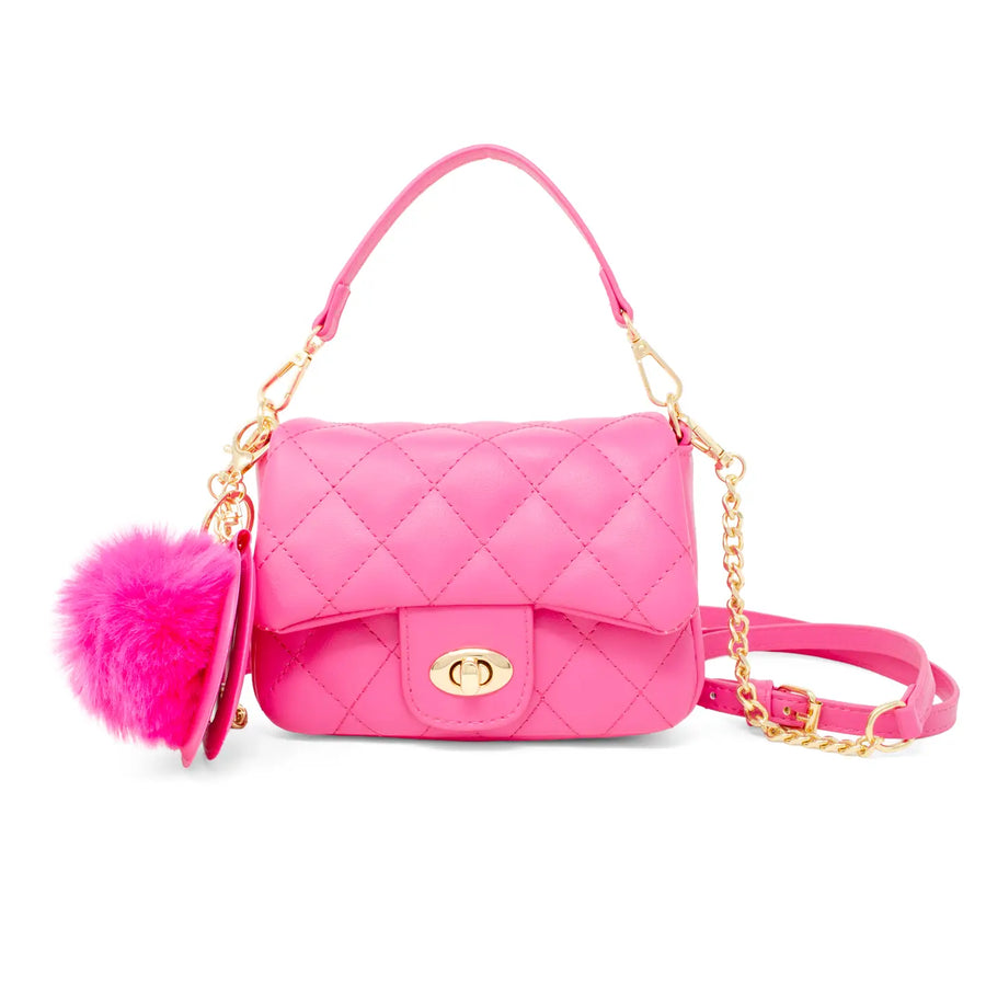 Pink quilted handbag with gold chain and pink pom-pom on a white background