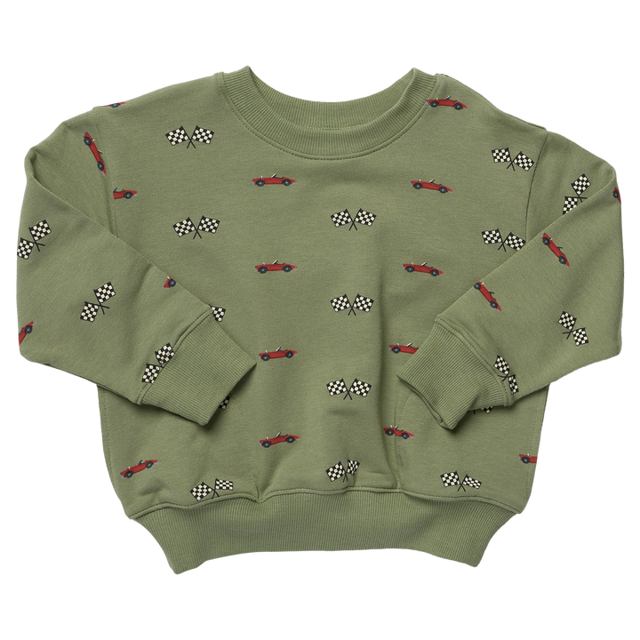 An olive green crewneck sweatshirt featuring an all-over print of small red race cars and black-and-white checkered flags, laid flat on a white background.
