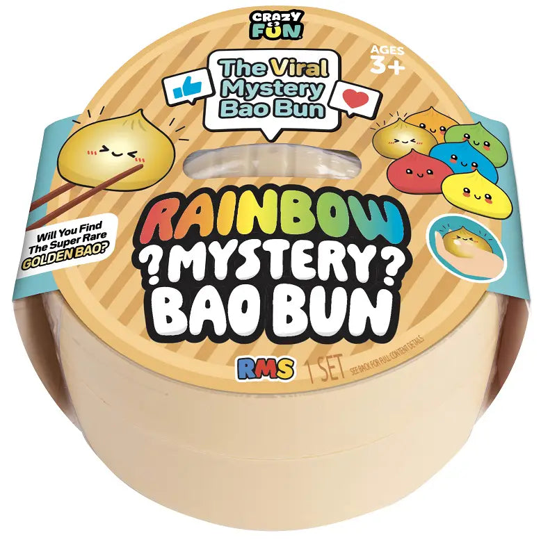 Round packaging of 'Rainbow Mystery Bao Bun' with colorful bao bun illustrations on a white background.