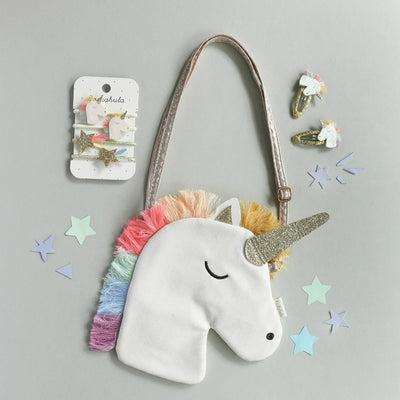 unicorn bag with matching unicorn clips and hair ties 