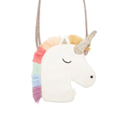 crossbody bag in the shape of a unicorn head. hair on unicorn is rainbow colored. Horn is gold glitter and strap is gold glitter. 