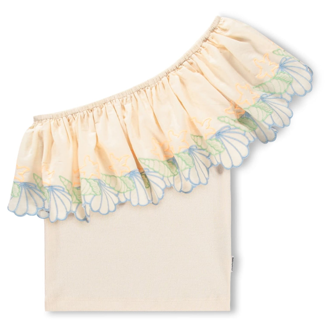 Beige off-shoulder top with floral lace trim on a white background