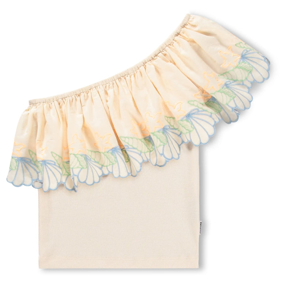 Beige off-shoulder top with floral lace trim on a white background