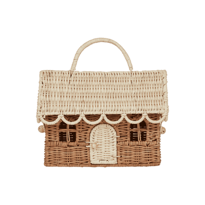 gingerbread casa clutch. rattan doll house with hood on the basket that latches shut 