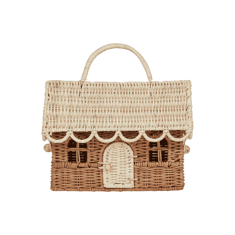 gingerbread casa clutch. rattan doll house with hood on the basket that latches shut 