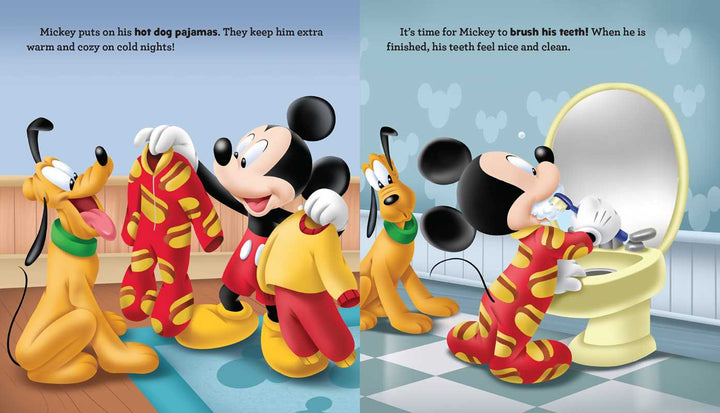 A children's illustrated spread showing Mickey Mouse and Pluto in red-and-yellow pajamas, with text on the left and a bathroom scene on the right. Mickey brushes his teeth at the sink, and the pages have a soft pastel color palette.