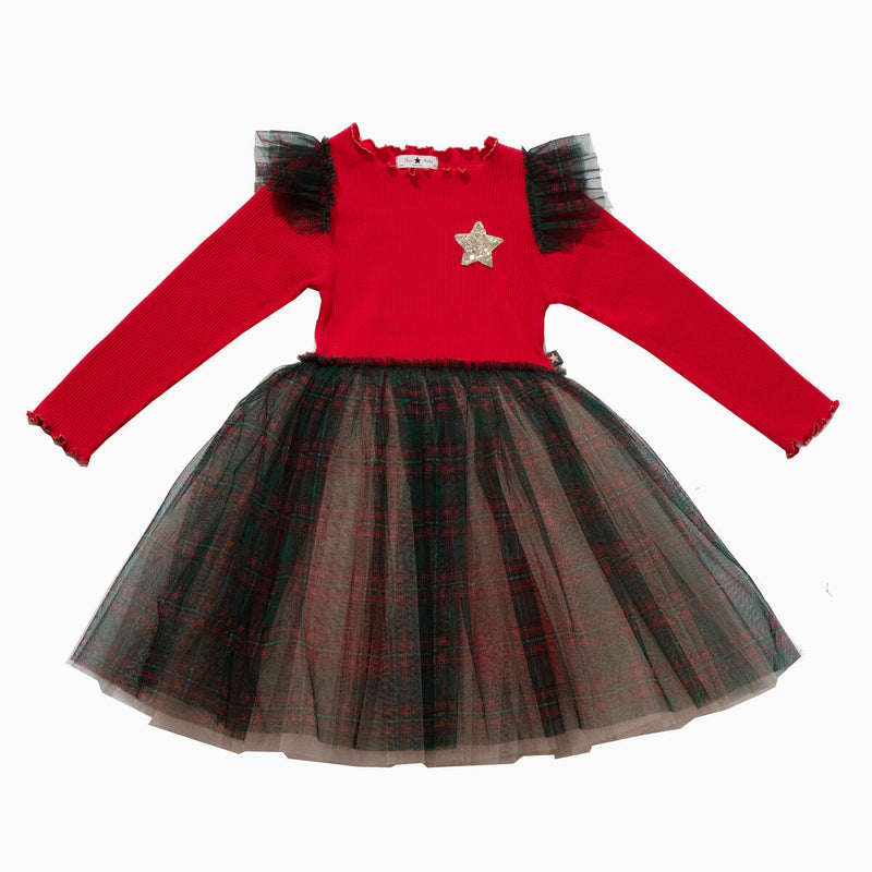 red slip cotton dress with black and red plaid at the sleeves and at the bottom of the dress in the skirt. tiny gold star at the chest of the dress.