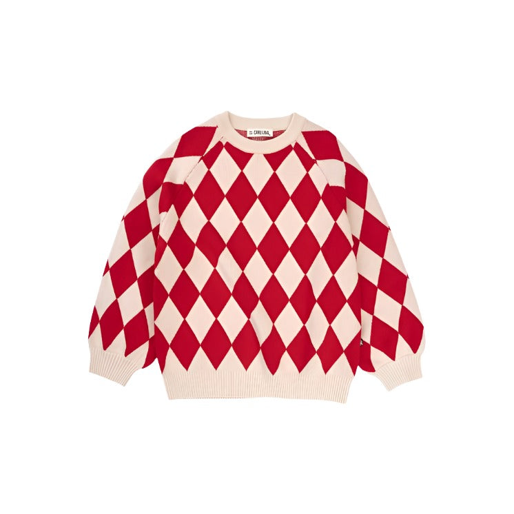 knit sweater, red and cream diamond print