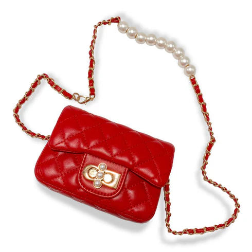 Red handbag with a pearl chain on a white background