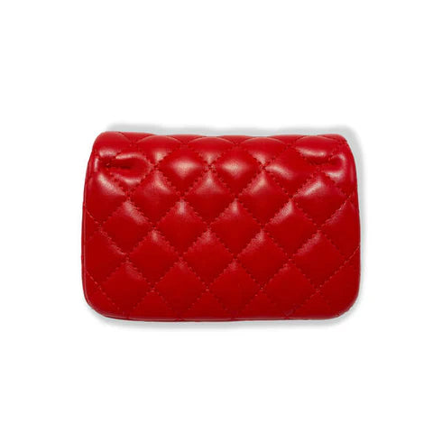 Back of Red quilted clutch bag on a white background