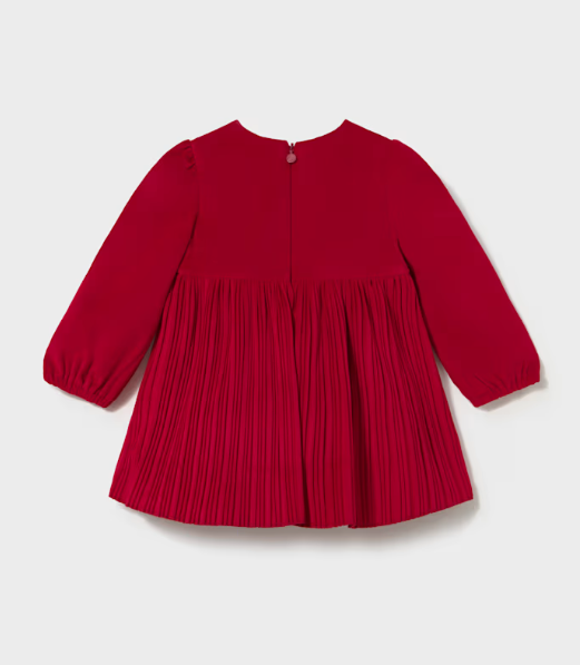 A bright red long-sleeve baby dress with a pleated skirt and gathered sleeves, shown from the back on a light gray background.