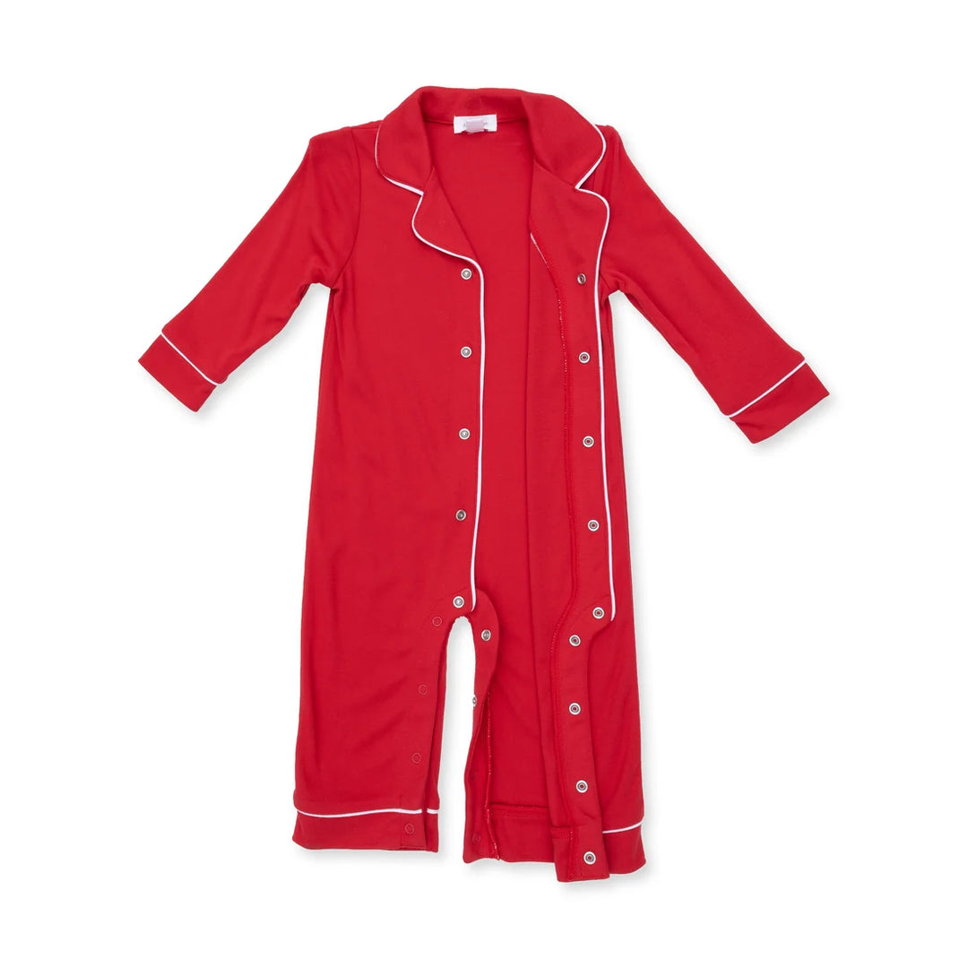 Red pajama set with white piping on a white background