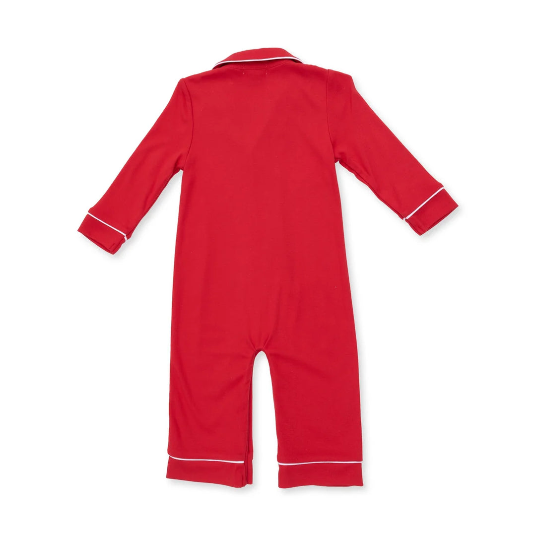 Red children's onesie with white trim on a white background