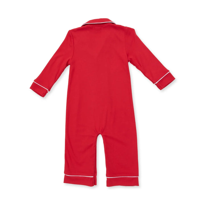Red children's onesie with white trim on a white background