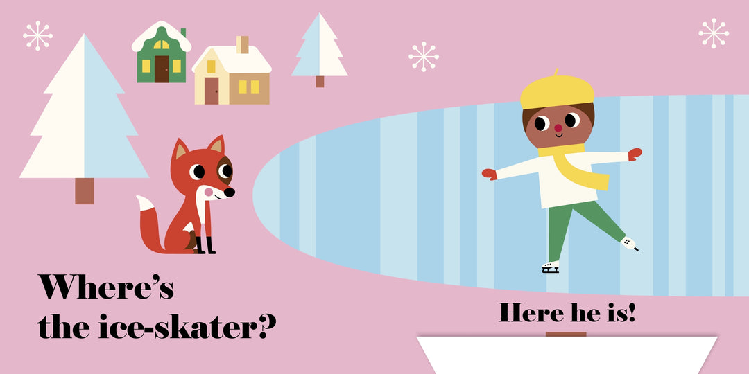 A children's book or poster-style illustration with a pink background, a cartoon child ice skating on a blue striped path, a fox on the left, small houses and trees in the distance, and text reading 'Where's the ice-skater?' and 'Here he is!'.
