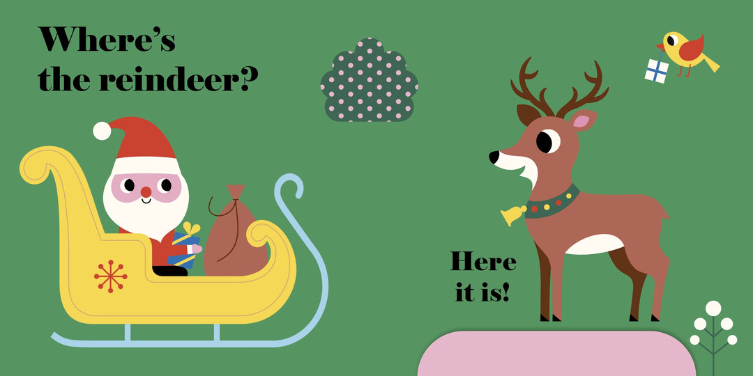 Illustration of Santa Claus in a sleigh with a question 'Where's the reindeer?' and a reindeer with a bird, on a green background.