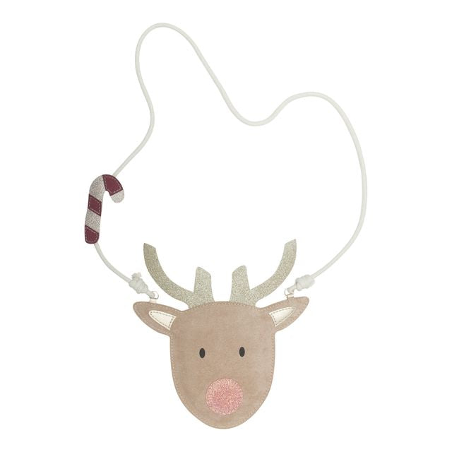 reindeer head crossbody bag with a candy cane on a white background