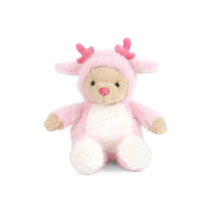 Plush toy bear with pink antlers and a white body on a white background