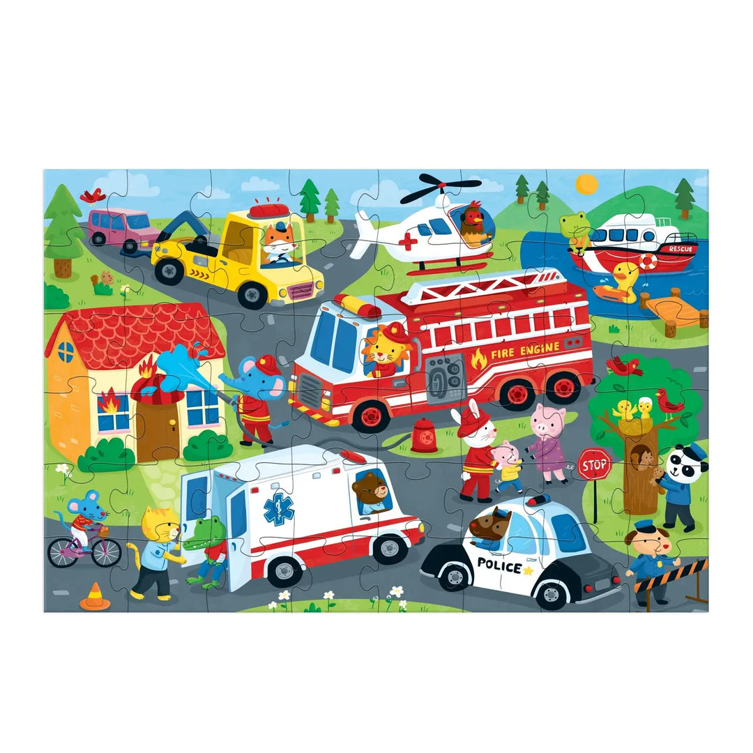 Children's puzzle with cartoon emergency vehicles and characters on a white background
