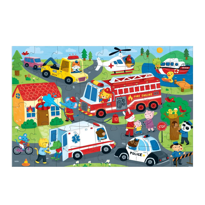 Children's puzzle with cartoon emergency vehicles and characters on a white background
