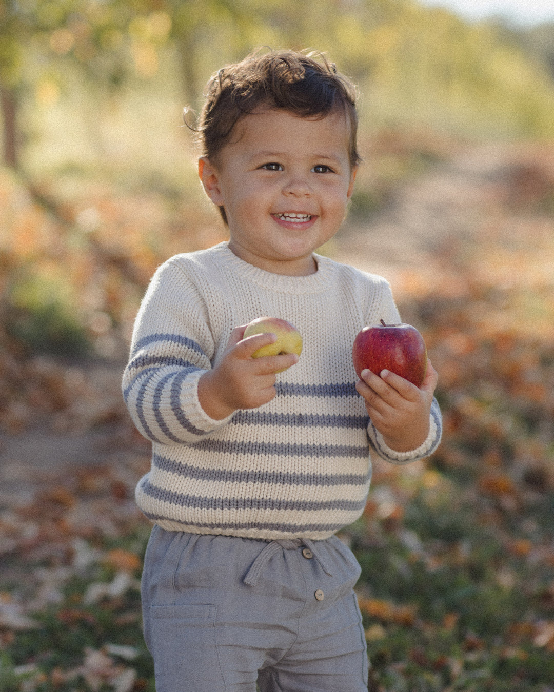 A smiling toddler standing outdoors in a blurred garden or orchard setting, wearing a cream knit sweater with gray horizontal stripes and light gray pants, holding a yellow apple in one hand and a red apple in the other.
