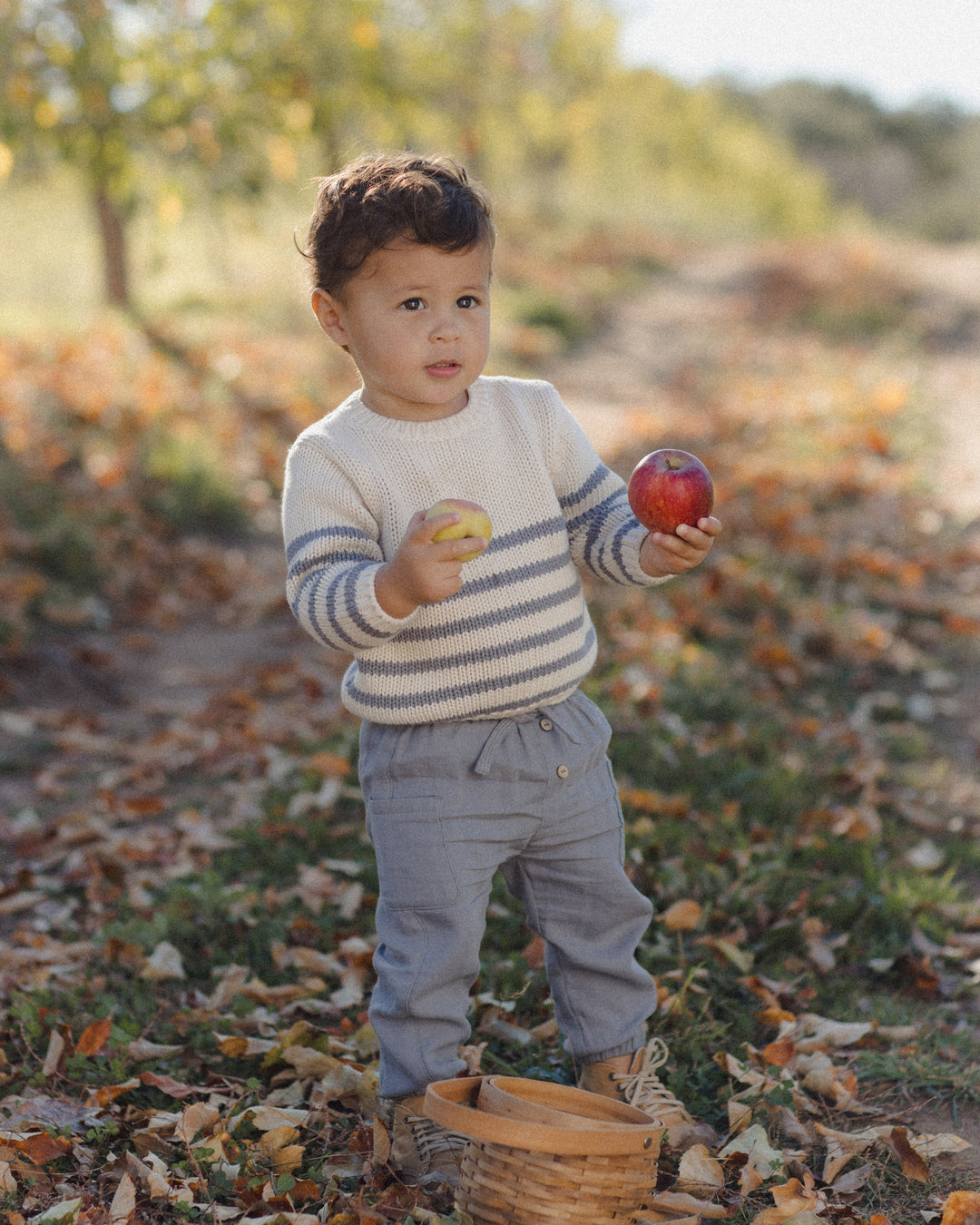 A toddler standing in an outdoor orchard or field covered with fallen leaves, wearing a cream knit sweater with blue-gray horizontal stripes and light gray pants, holding two apples and a small woven basket on the ground.