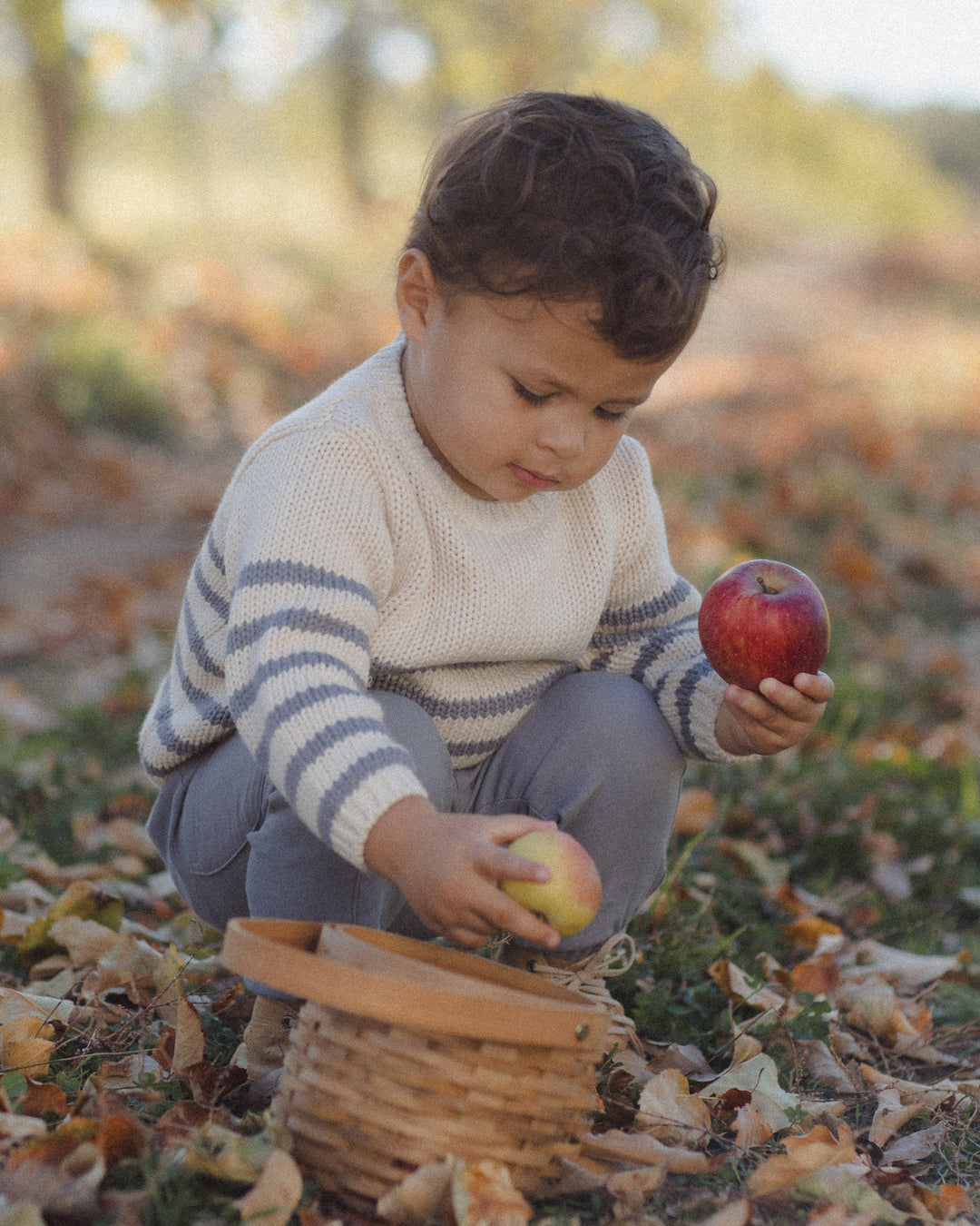 A toddler crouches outdoors on a leaf-covered ground, holding a red apple and reaching toward a woven basket. The child wears a cream knit sweater with gray-blue horizontal stripes and gray pants.