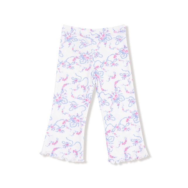 White pants with colorful floral pattern on a white background