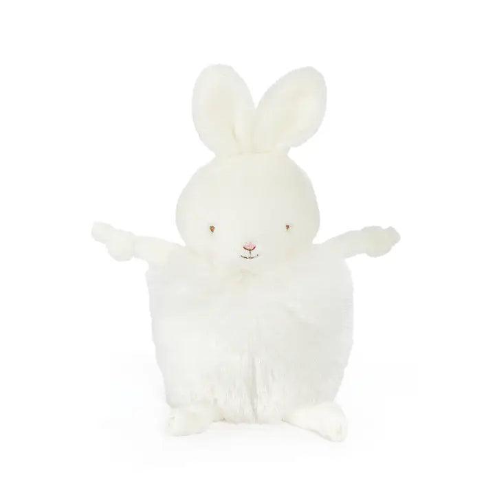 white bunny with fury pom pom center. super soft bunny face and limbs. perfect for baby
