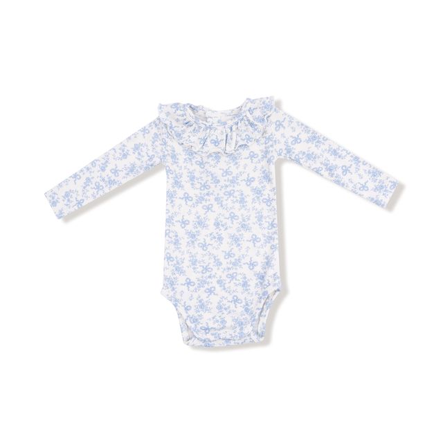 White baby onesie with blue floral pattern on a white background