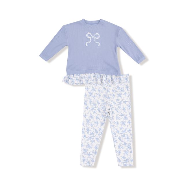Children's outfit set with blue top with bow applique and floral pants