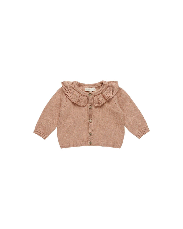 baby cardigan with ruffle on the color, dusty rose color. buttons going down the center. 
