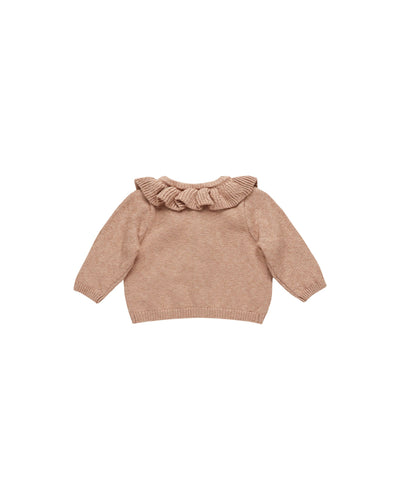 baby cardigan appears soft to the touch. dusty rose color. ruffle around the collar. 