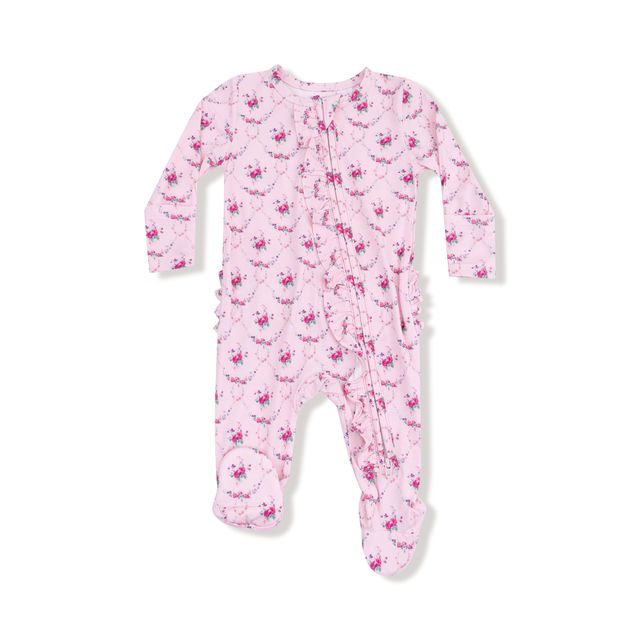 Pink baby onesie with floral pattern on a white background