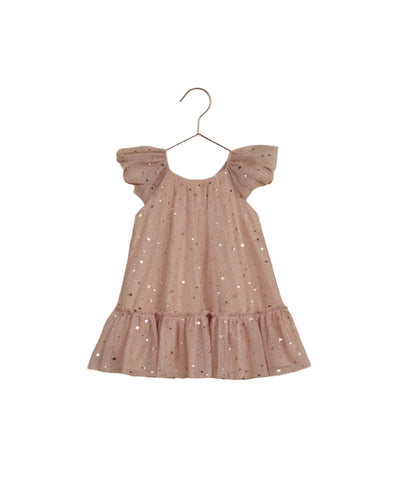 Girls dress in a dusty rose color tulle covered in gold stars. 