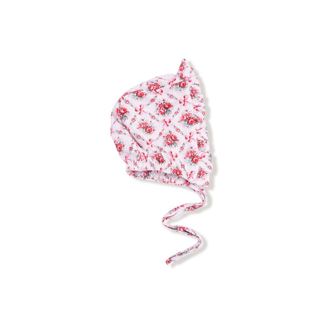 Floral-patterned baby bonnet on a white background