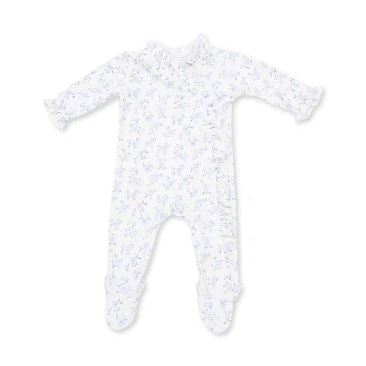 A baby footed sleeper in white with a light blue floral pattern, featuring long sleeves and ruffled trim on the cuffs and collar.