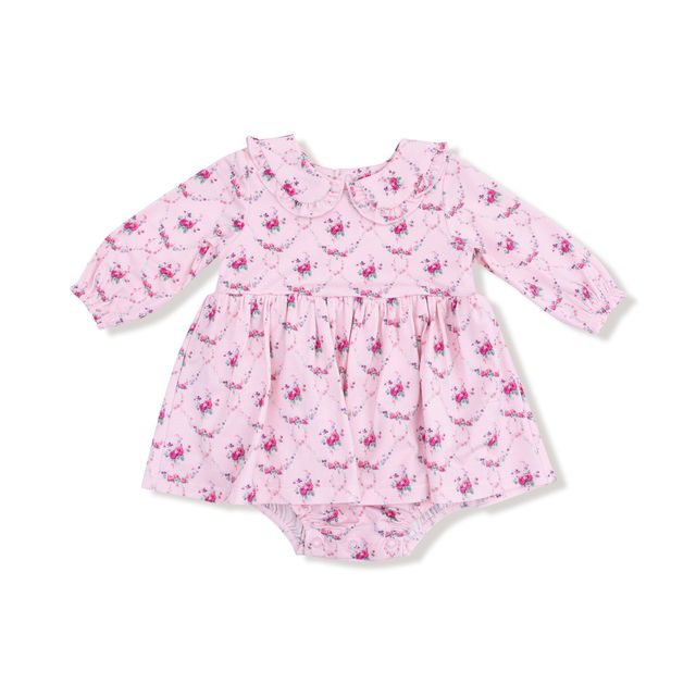 Pink floral baby bubble dress with pink floral trellis print 