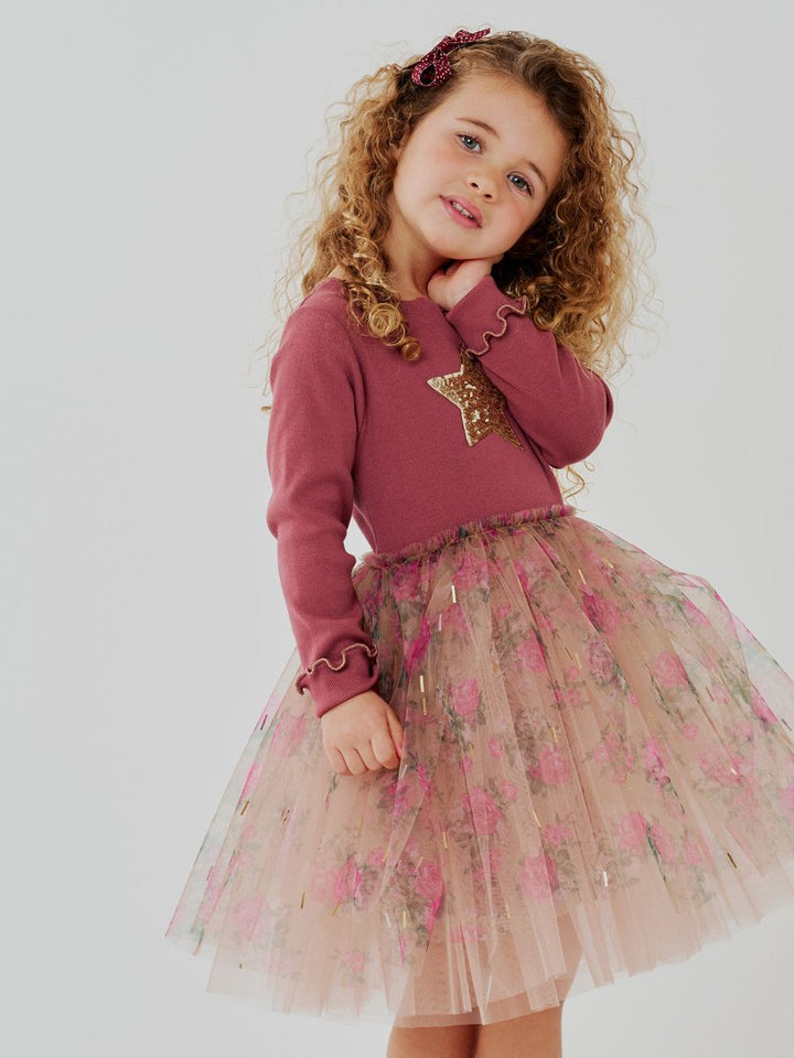 A young girl with curly light brown hair wearing a dusty rose long-sleeve top with a gold star detail and a pink floral tulle tutu skirt, posing against a light gray studio background.