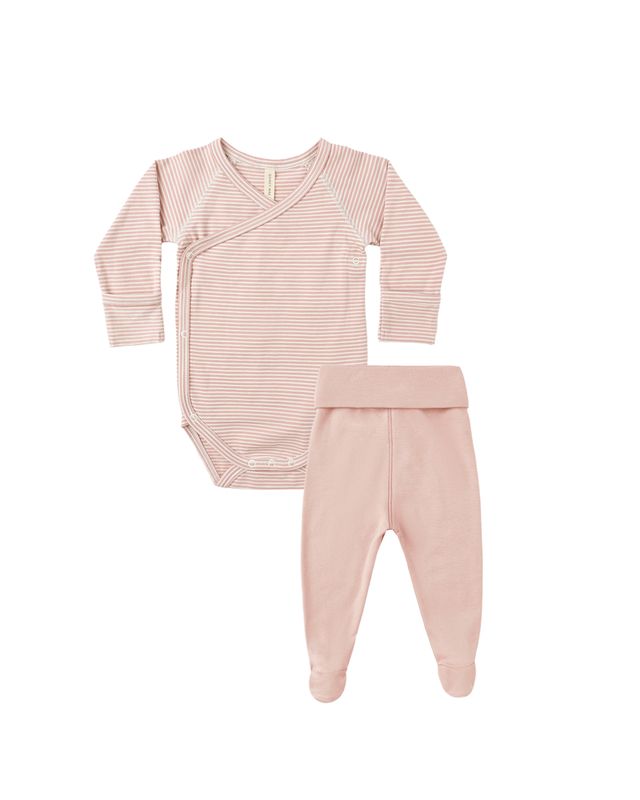 Pink baby outfit with bodysuit and pants. bodysuit is striped. 