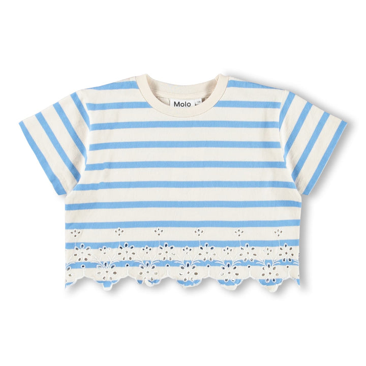 Blue and white striped shirt with scalloped hem on a white background
