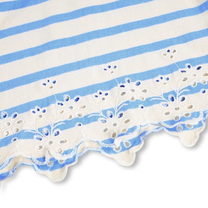 Close-up of a fabric with blue and white stripes and decorative edge on a white background