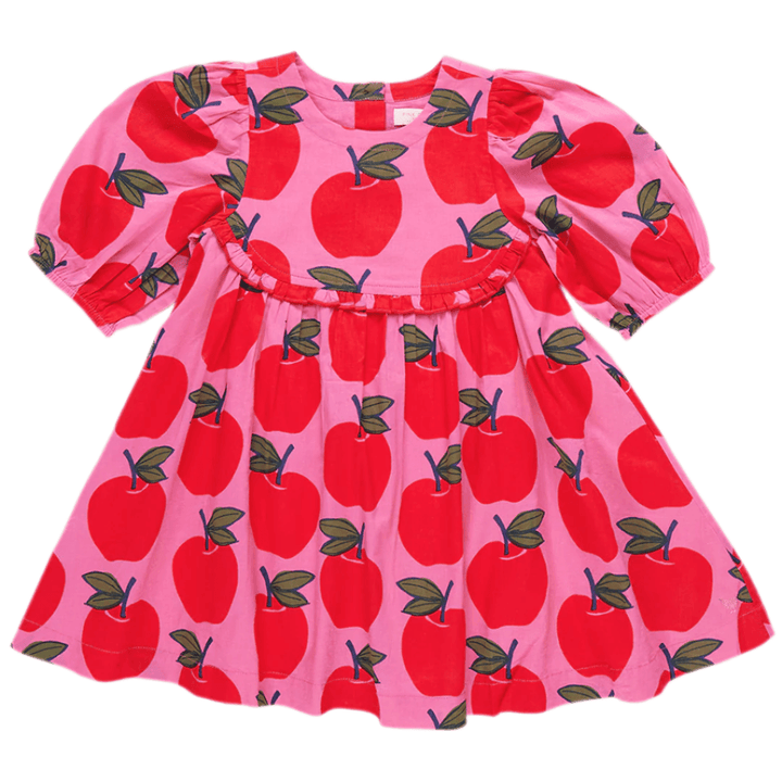 3/4 sleeve, balloon shape sleeves. Bright pink ground with bright red apples all over the dress 