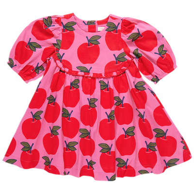 3/4 sleeve, balloon shape sleeves. Bright pink ground with bright red apples all over the dress 