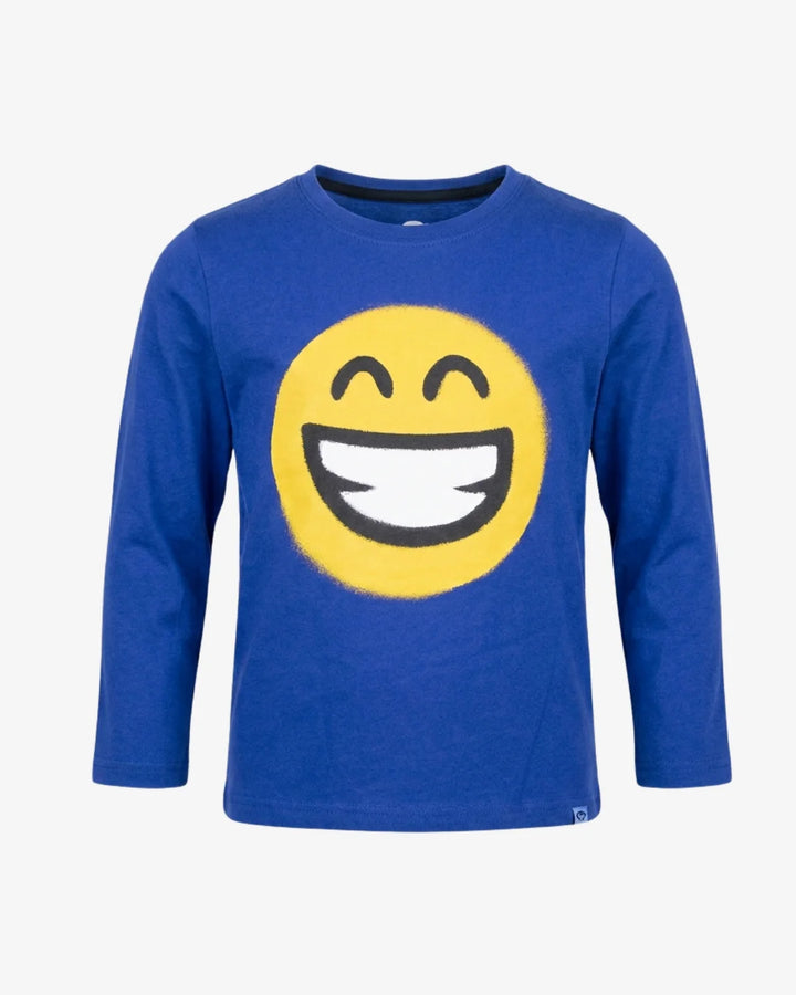 long sleeve royal blue tee with yellow smiley face on the front. 
