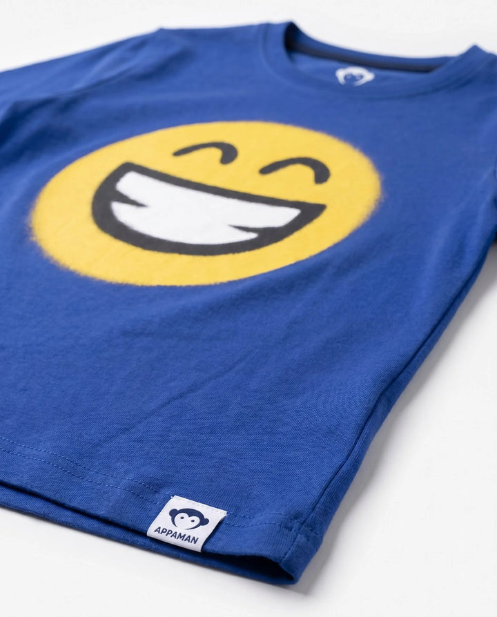 long sleeve royal blue tee with yellow smiley face on the front. 