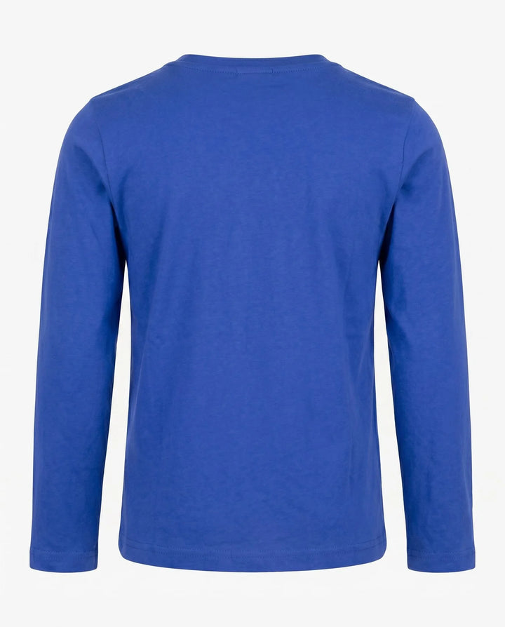 long sleeve tee in royal blue. back of the shirt. 