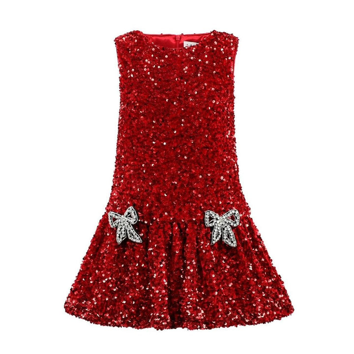 red sequin dress sleeveless with silver sequin bows at the ruffle. 